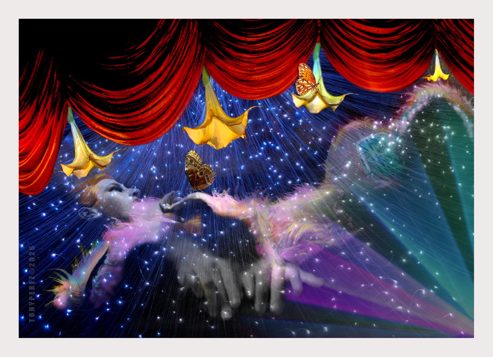 Tony Perez Photographs — surreal composite of a figure drifting through starlight beneath red stage curtains, trumpet flowers, and butterflies